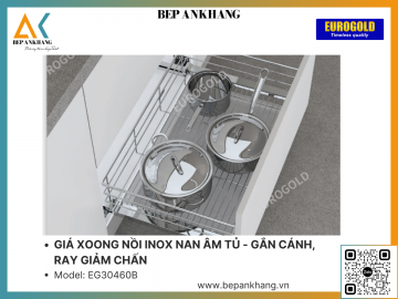 Giá xoong nồi inox nan âm tủ - gắn cánh, Ray giảm chấn Eurogold - EG30460B - 600mm - Inox mờ 304